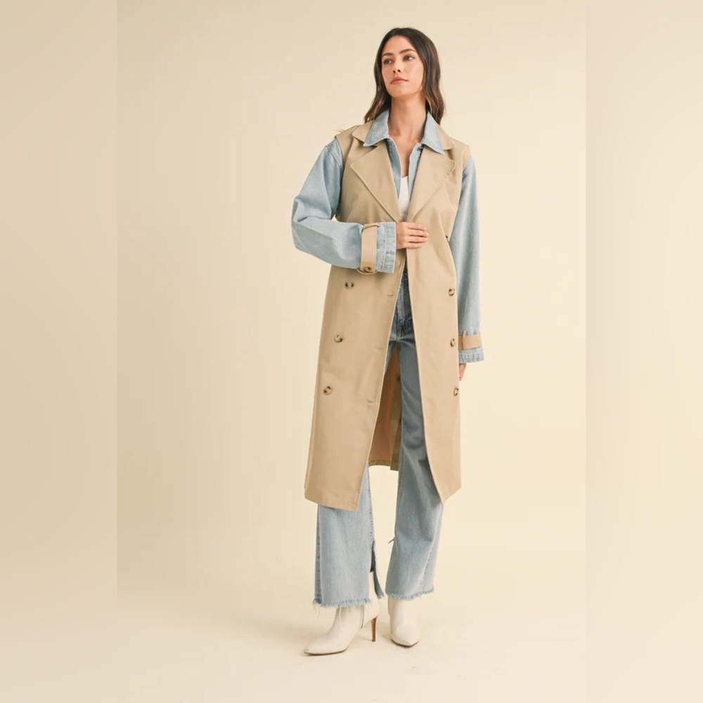 MABLE YARIEL LAYERED LOOK TRENCH COAT WITH DENIM JACKET in Taupe